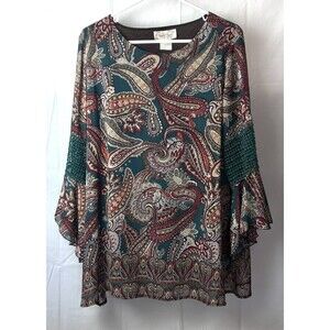 Lady Noiz Womens XL Classy Paisley Long Bell Sleeves Crochet Accents Green Shirt